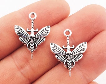 Skull Moth Sword Charms In Silver Tone