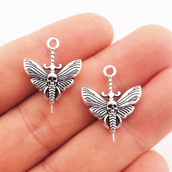 Skull Moth Sword Charms In Silver Tone