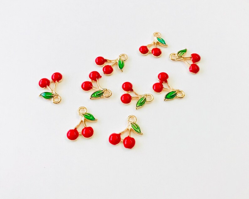 5,10,20 Cherry Charm-Enamel Charm-Fruit Cherry Pendant Gold Plated Bulk image 5