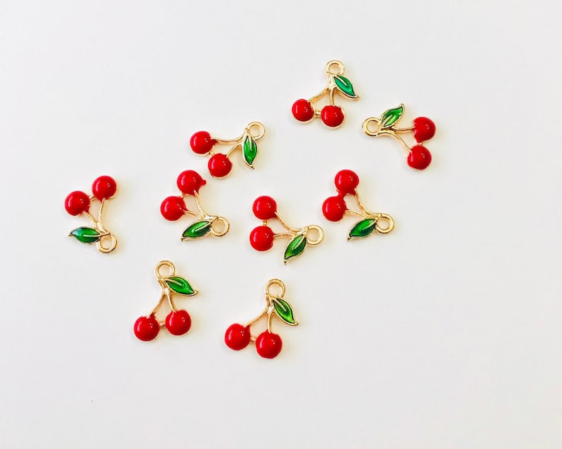 5,10,20 Cherry Charm-Enamel Charm-Fruit Cherry Pendant Gold Plated Bulk image 1