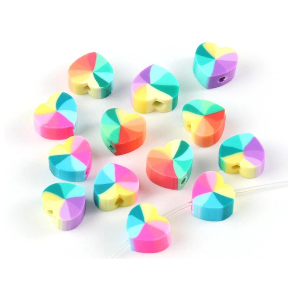 Rainbow Heart Beads,Polymer Clay Beads 10mm