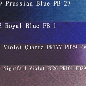 May include: Four paint swatches showing different shades of blue and purple. The swatches are labeled with numbers and paint pigment codes. The top swatch is labeled "779 Prussian Blue PB 27", the second swatch is labeled "782 Royal Blue PB 1", the third swatch is labeled "785 Violet Quartz PR177 PB29 PV3", and the bottom swatch is labeled "787 Nightfall Violet PG26 PR101 PB29".