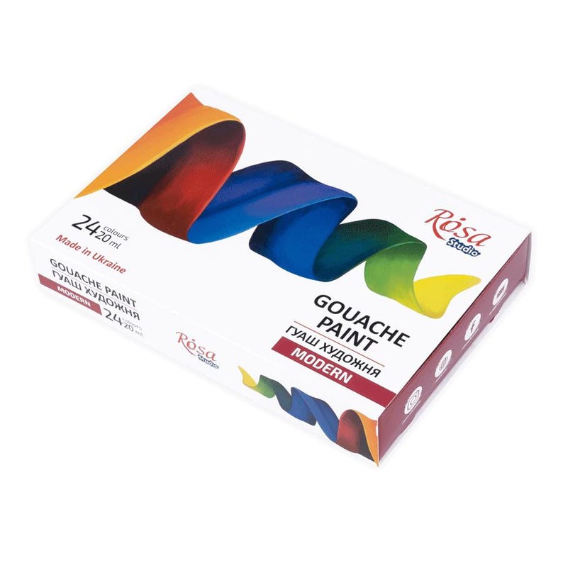 May include: A box of 24 gouache paints in 20 ml tubes. The box is white with a rainbow swirl design and the text "Gouache Paint" and "Rosa Studio" on it.