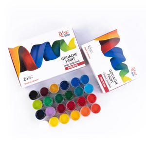 May include: A set of 24 gouache paint tubes in various colors, arranged in a circle. The tubes are labeled "R&oacute;sa Studio Gouache Paint Modern". The paint is made in Ukraine.