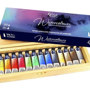Set de REGALO DE ACUARELA ROSA Gallery Acuarelas profesionales Tubos de 10 ml Set de 14 colores de pintura de acuarela Caja de madera Fabricado en Ucrania Alta calidad