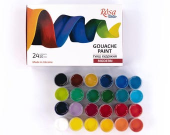 May include: A set of 24 gouache paints in small round containers. The paints are arranged in rows of six, with each row containing a different colour. The colours include red, orange, yellow, green, blue, purple, brown, black, and white. The paint set is labelled "Gouache Paint" and "Modern".