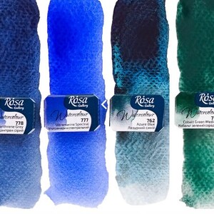 May include: Four watercolour paint tubes with labels in Russian and English. The colours are Indanthrene Grey, Ultramarine Spectral, Azure Blue, and Cobalt Green Medium.
