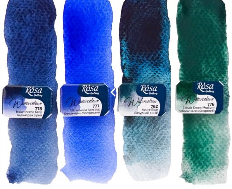 May include: Four watercolour paint tubes with labels in Russian and English. The colours are Indanthrene Grey, Ultramarine Spectral, Azure Blue, and Cobalt Green Medium.
