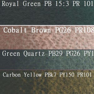 May include: Four paint swatches with color names and pigment codes. The swatches are labeled from top to bottom: 780 Royal Green PB 15:3 PR 101, 784 Cobalt Brown PG26 PR108, 786 Green Quartz PB29 PG26 PY150, 788 Carbon Yellow PBk7 PY150 PR101.