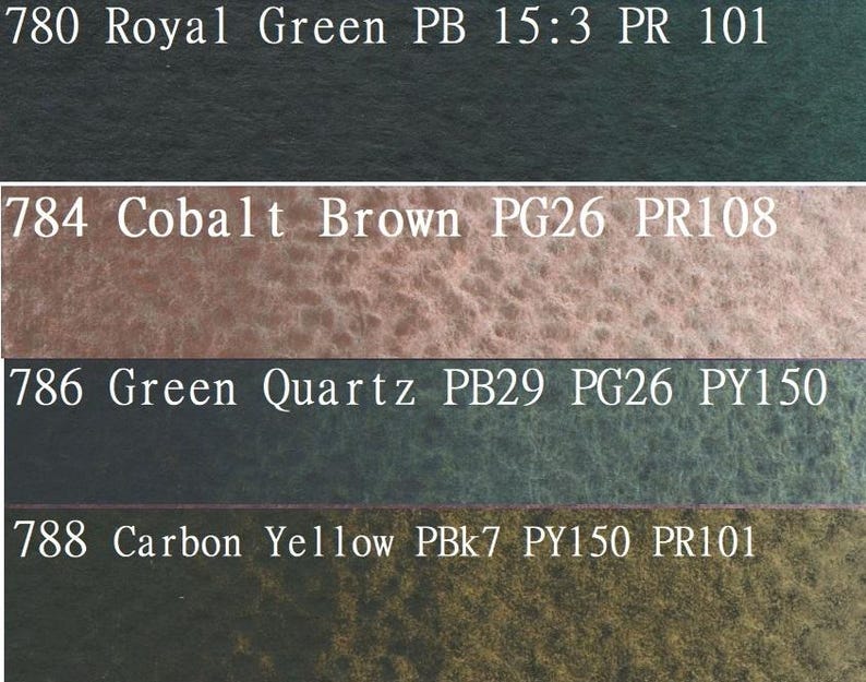 May include: Four paint swatches with color names and pigment codes. The swatches are labeled from top to bottom: 780 Royal Green PB 15:3 PR 101, 784 Cobalt Brown PG26 PR108, 786 Green Quartz PB29 PG26 PY150, 788 Carbon Yellow PBk7 PY150 PR101.