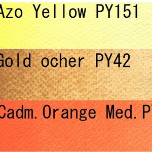 May include: Three paint tubes with color swatches. The tubes are labeled 771 Azo Yellow PY151, 772 Gold ocher PY42, and 773 Cadm. Orange Med. PY35.