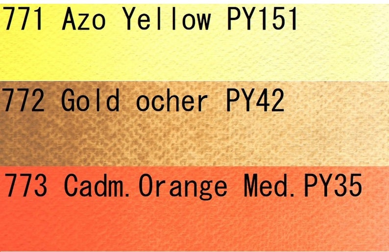 May include: Three paint tubes with color swatches. The tubes are labeled 771 Azo Yellow PY151, 772 Gold ocher PY42, and 773 Cadm. Orange Med. PY35.