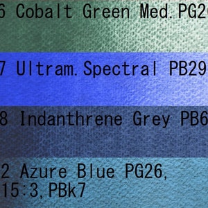 May include: Four paint swatches with color names and pigment codes. The swatches are from top to bottom: 776 Cobalt Green Med. PG26, 777 Ultram. Spectral PB29, 778 Indanthrene Grey PB60, 762 Azure Blue PG26, PB15:3, PBk7.