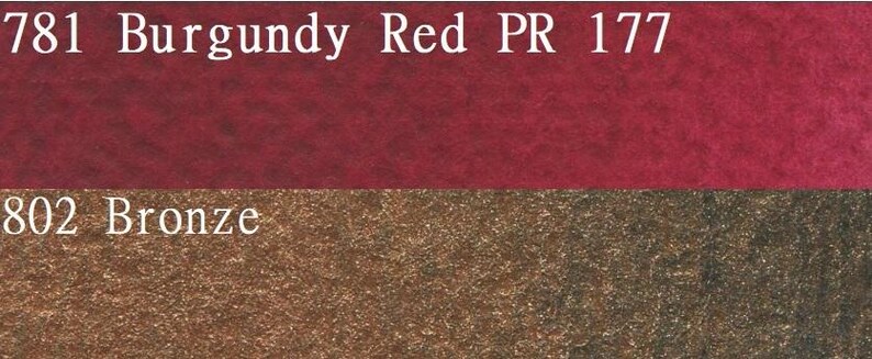 May include: Two paint swatches, one burgundy red labeled "781 Burgundy Red PR 177" and one bronze labeled "802 Bronze".