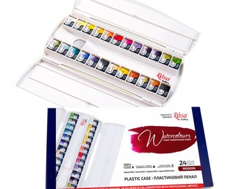 New 2024 Watercolor Set ROSA MODERN Watercolors 2.5 ml Full Pans 24 Colors in Plastic Penal-Palete Watercolor Paint Set UKRAINE Watercolors