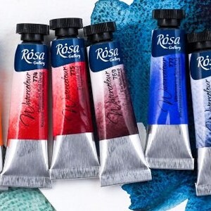 May include: A set of ten watercolor paint tubes in various colors, including yellow, orange, red, brown, blue, green, and black. The tubes are labeled "R&oacute;sa Gallery Watercolor" and have a silver finish.