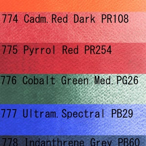 May include: A color chart showing different shades of paint with their corresponding numbers and pigment codes. The colors include yellow, orange, red, green, blue, and gray.