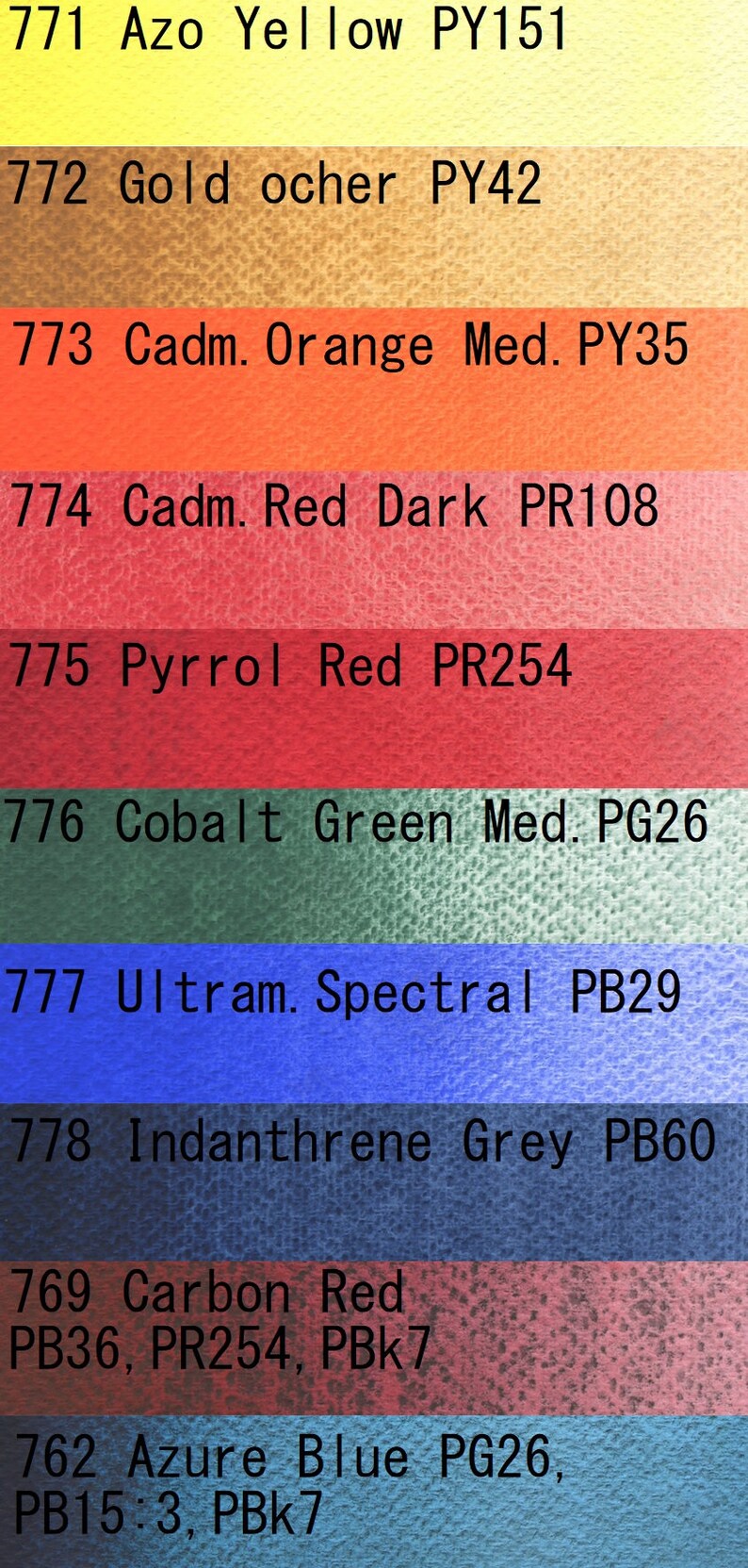 May include: A color chart showing different shades of paint with their corresponding numbers and pigment codes. The colors include yellow, orange, red, green, blue, and gray.