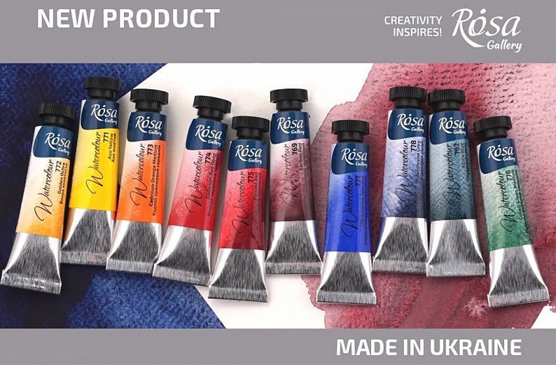 May include: A set of 10 watercolor paint tubes in various colors, including yellow, orange, red, blue, green, and purple. The tubes are labeled "R&oacute;sa Gallery Watercolor" and have a silver cap. The text "CREATIVITY INSPIRES!" and "MADE IN UKRAINE" are also visible in the image.