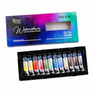 新しい水彩画 2024 セット ROSA ギャラリー プロフェッショナル水彩画 10ml チューブ 12 色 水彩絵の具セット ウクライナ製 高品質
