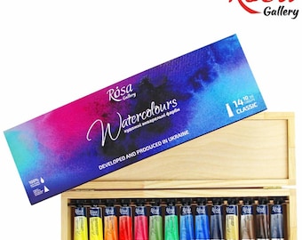ROSA Gallery Professional Watercolor Gift Set, 14 Colors, 10ml Tubes, Wooden Box, Artist Grade, Made in Ukraine