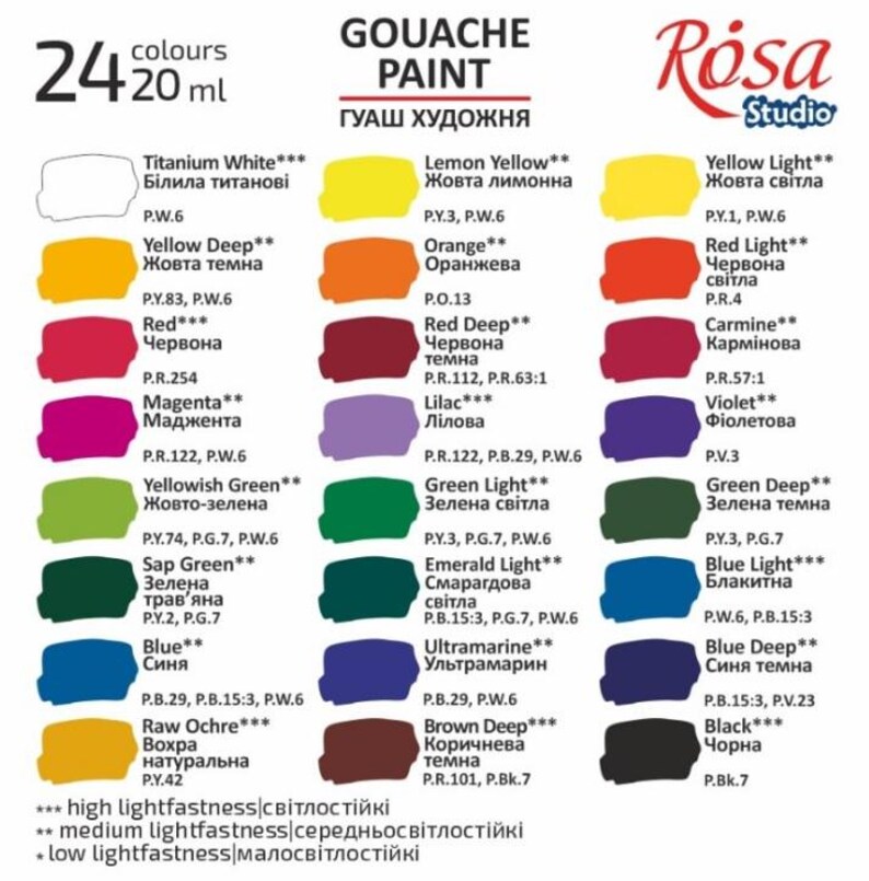 May include: A set of 24 gouache paints in tubes, each with a color swatch and name in both English and Russian. The paints are arranged in rows by color family, with a color chart at the bottom indicating lightfastness.