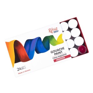 May include: A set of 24 gouache paints in a white box with a colorful ribbon design. The box says "Gouache Paint" and "Rosa Studio". The paints are in small white pots with red lids.