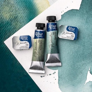 May include: Two tubes of Rosa Gallery watercolor paint, one labeled "Green Quartz 786" and the other labeled "Royal Green 780".