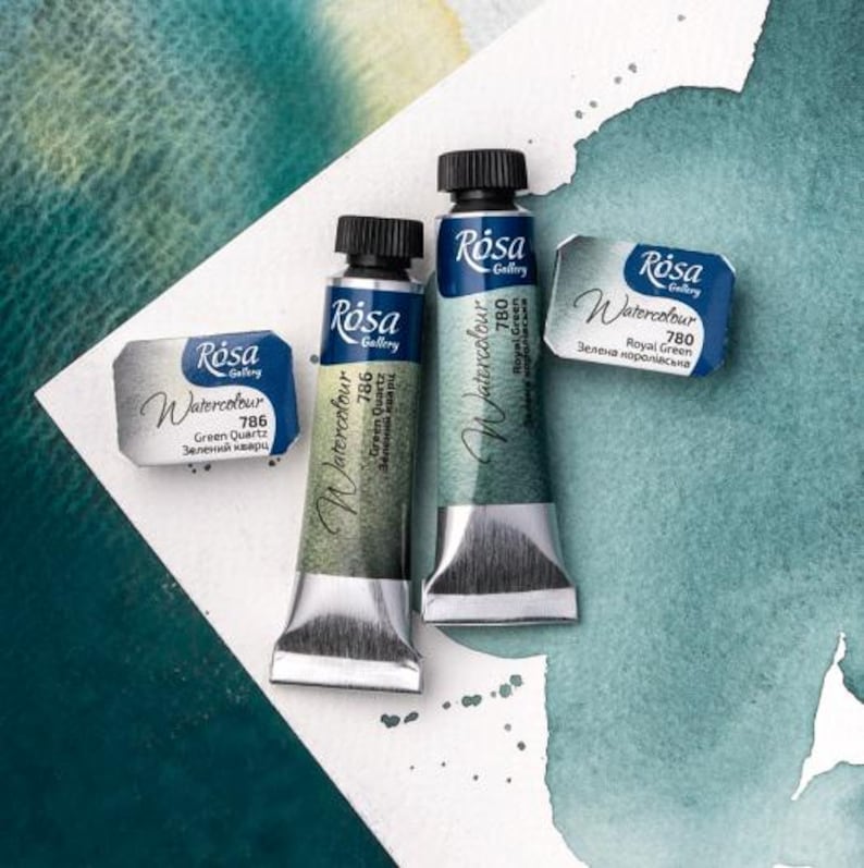 May include: Two tubes of Rosa Gallery watercolor paint, one labeled "Green Quartz 786" and the other labeled "Royal Green 780".