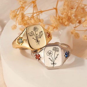 Personalized Birth Flower Ring - Birthstone Rings - Birth Flowers Ring for Mom - Custom Mothers Ring - Meaningful Gifts for Mom Grandma