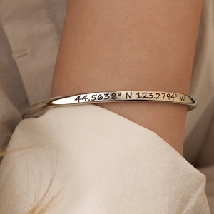 Sterling Silver Cuff Bracelet - Friendship Bracelet - Personalized Engraved Bracelets -Secret Message Coordinate - Gift for Best Friend