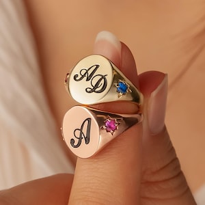 Initial Ring with Birthstone - Custom Signet Initial Ring - Birthstone Ring - Best Friend Gift - Personalized Gift for Her - Galentines Day