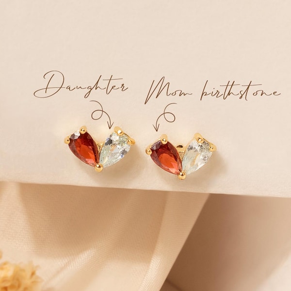 Birthstone Stud Earrings - Mother Daughter Earring - Heart Birthstone Earring - Mom Earring - Personalized Gift for Mom - Birthstone Jewelry