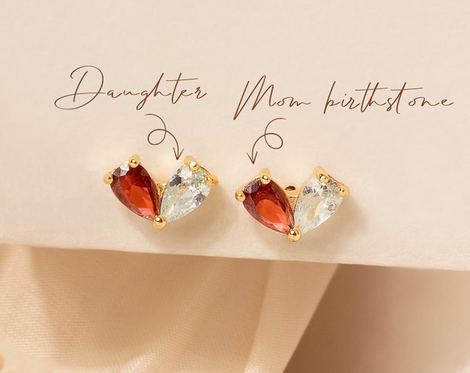 2 Birthstone Earrings - Heart Birthstone Stud Earring - Mother Daughter Gift - Mom Earrings - Birthday Gifts for Mom - Birthstone Jewelry