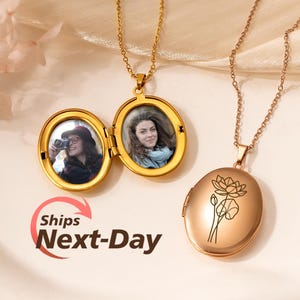 Bith Flower Locket Necklace - Oval Locket Necklace with Photo - Engraved Photo Necklace - Birthday Gift - New Mom Gift - Gift for Her