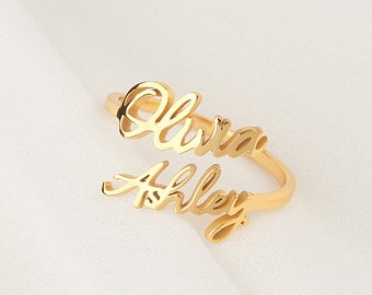 Christmas Gifts - Custom Name Ring - Double Name Ring - Two Name Ring - Personalized Gifts for Mom - Women Name Jewelry - Multiple Name Ring