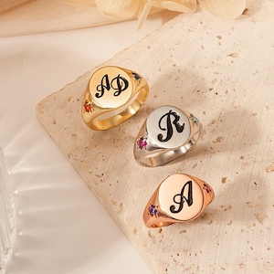 Birthstone Signet Initial Ring - Engraved Letter Ring With Birthstone - Gold Signet Ring - Gemstone Ring - Birthday Gift-Custom Ring for Her