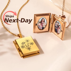 Book Locket Necklace - Birth Flower Bouquet Locket with Photo - Family Photo Necklace - Memorial Jewelry - Mom Necklace - Grandma Gift