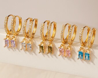 Bridesmaid Birthstone Earrings - Baguette Earrings -Diamond Hoop Earrings with Dangling Gemstone Charm-Custom Bridesmaid Gifts-Wedding Gift
