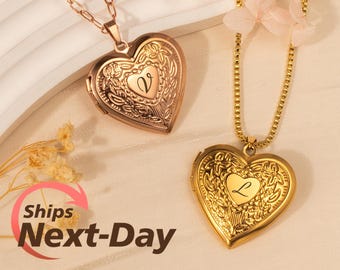 Heart Locket Necklace with Photo - Big Heart Locket - Vintage Locket Necklace - Engraved Initial Necklace - Gifts for Mom - Anniversary Gift