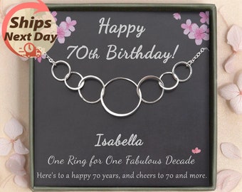 70th Birthday Gift for Women - 70th Birthday Necklace - Birthday Gifts for Mom Nana - 7 Rings for 7 Decades - Sterling Silver Necklace
