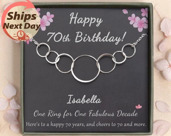 70th Birthday Gift for Women - 70th Birthday Gifts for Mom Nana - 7 Rings for 7 Decades - Interlocking Circle Sterling Silver Necklace