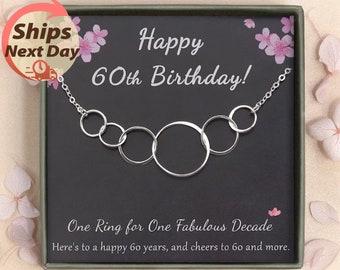 60th Birthday Gift for Women - 6 Rings for 6 Decades -60th Birthday Gift For Her, Mom, Grandma, Nana, Aunt, Friend-Sterling Silver necklace