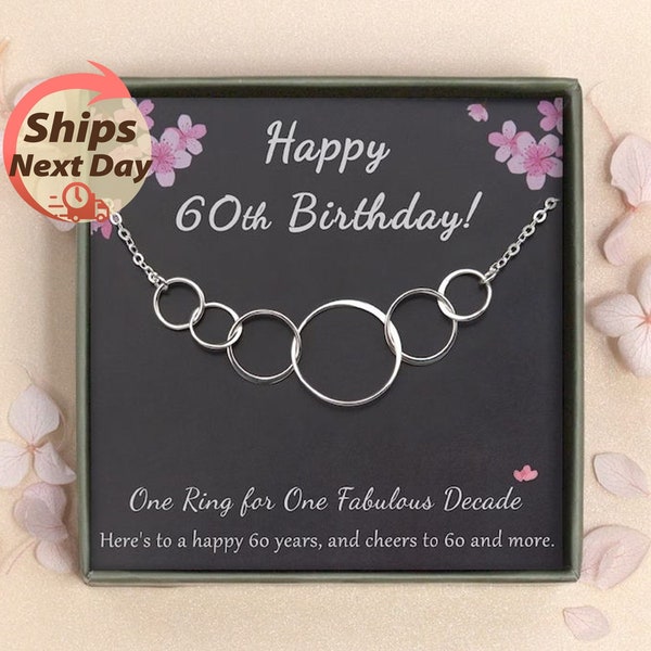 60th Birthday Gift for Women - 6 Rings for 6 Decades -60th Birthday Gift For Her, Mom, Grandma, Nana, Aunt, Friend-Sterling Silver necklace