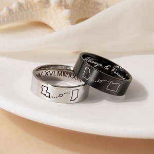Long Distance Couple Ring - Matching Ring - Engraved Band Ring - Message Ring - Graduation Gifts - State City Ring - Valentines Day Gift