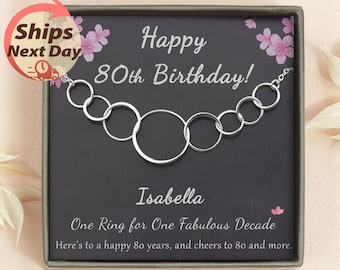 80th Birthday Gift - 8 Rings for 8 Decades - Birthday Gift for Grandma - Interlocking Circle Sterling Silver Necklace -80th Birthday Jewelry