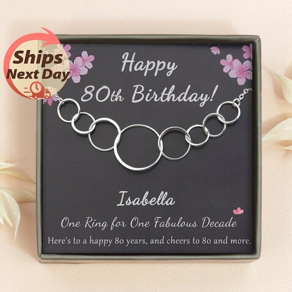 80th Birthday Gift - 8 Rings for 8 Decades - 80 Birthday Gift for Grandma - Interlocking Circle Sterling Silver Necklace - 80th Anniversary