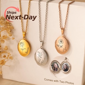 Oval Locket Photo Necklace - Engraved Birth Flower With Name - Photo Locket Necklace - Memorial Jewelry - Birthday Gift - Mom Gift