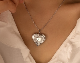 Silver Heart Locket Necklace - Custom Engraved Photo Necklace - Personalized Gift for Mom - Memorial Jewelry - Birthday Gifts for Her