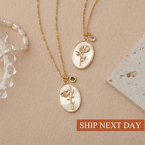 Pearl Birth Flower Necklace - Birthflower Necklace - Birth Month Flower Necklace with Birthstone - Birthday Gift for Mom - Mom Birthday Gift